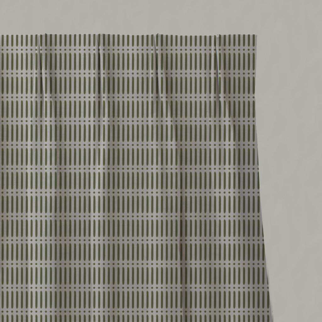 Green Patterned Linen Pleated Curtains - Egenia Khaki - Natural base fabric.