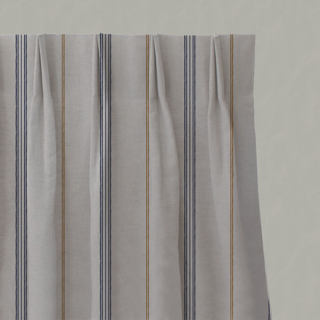 Blue / Orange Striped Linen Pleated Curtains - Elise Blue Ochre - Natural base fabric.