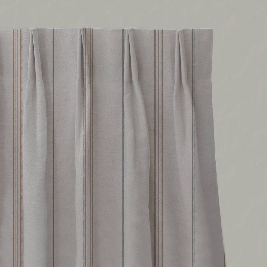 Grey / Pink Striped Linen Pleated Curtains - Elise New Blush - Natural base fabric.