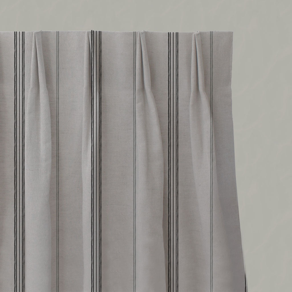 Grey / Black Striped Linen Pleated Curtains - Elise Noir - Natural base fabric.