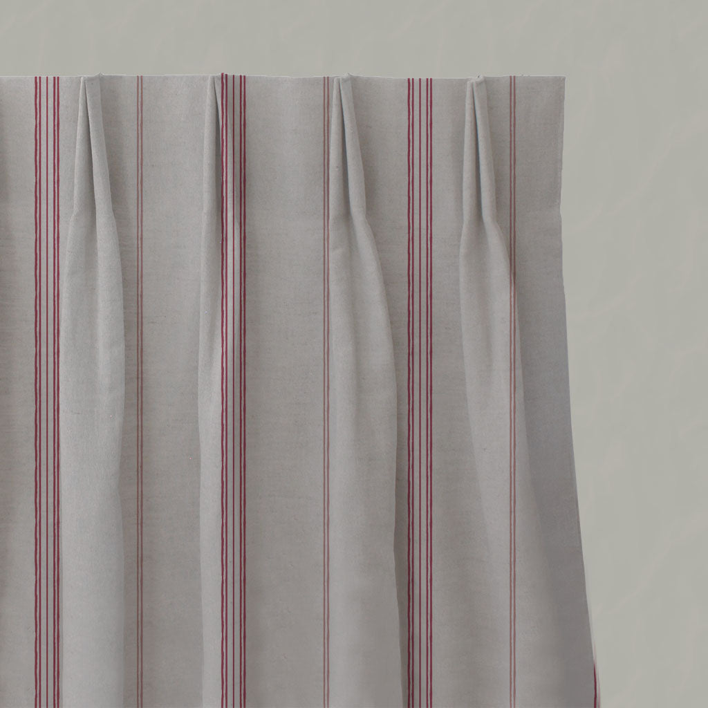 Red / Pink Striped Linen Pleated Curtains - Elise Pink Cherry - Natural base fabric.
