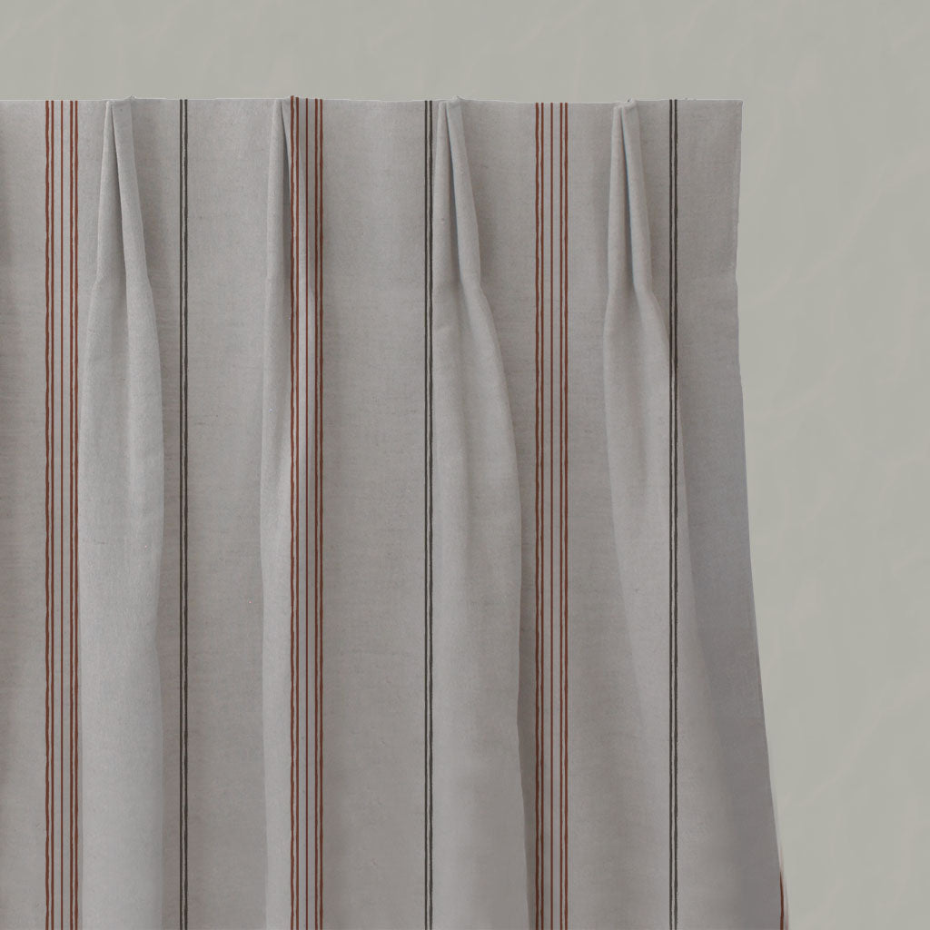 Red / Orange Striped Linen Pleated Curtains - Elise Terracotta - Natural base fabric.