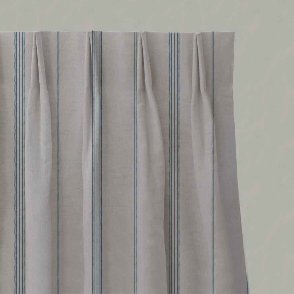 Blue Striped Linen Pleated Curtains - Elise True Blue - Natural base fabric.