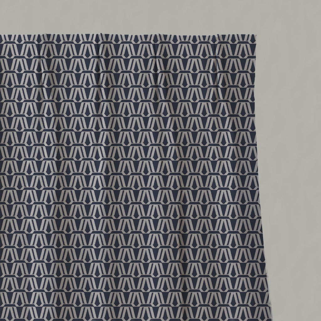 Blue Patterned Linen Pleated Curtains - Elva Deep Blue - Natural base fabric.