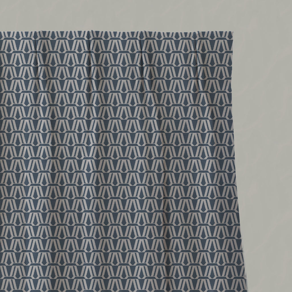 Blue Patterned Linen Pleated Curtains - Elva Denim - Natural base fabric.