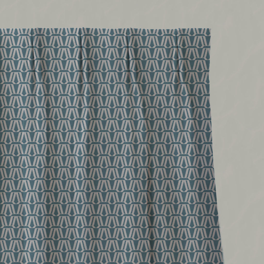 Blue Patterned Linen Pleated Curtains - Elva Marine - Natural base fabric.