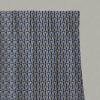Blue Patterned Linen Pleated Curtains - Elva Night Blue - Natural base fabric.