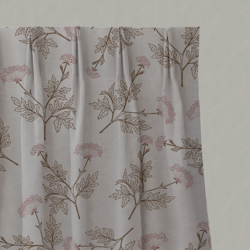 Pink / Brown Botanical Linen Pleated Curtains - Emmy Dusty Pink - Natural base fabric.