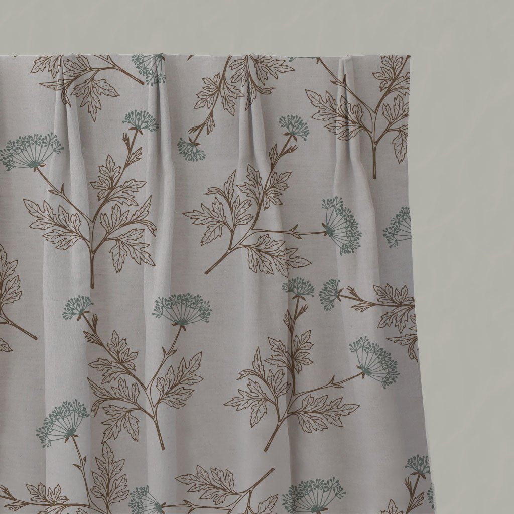 Green / Brown Botanical Linen Pleated Curtains - Emmy Sage - Natural base fabric.