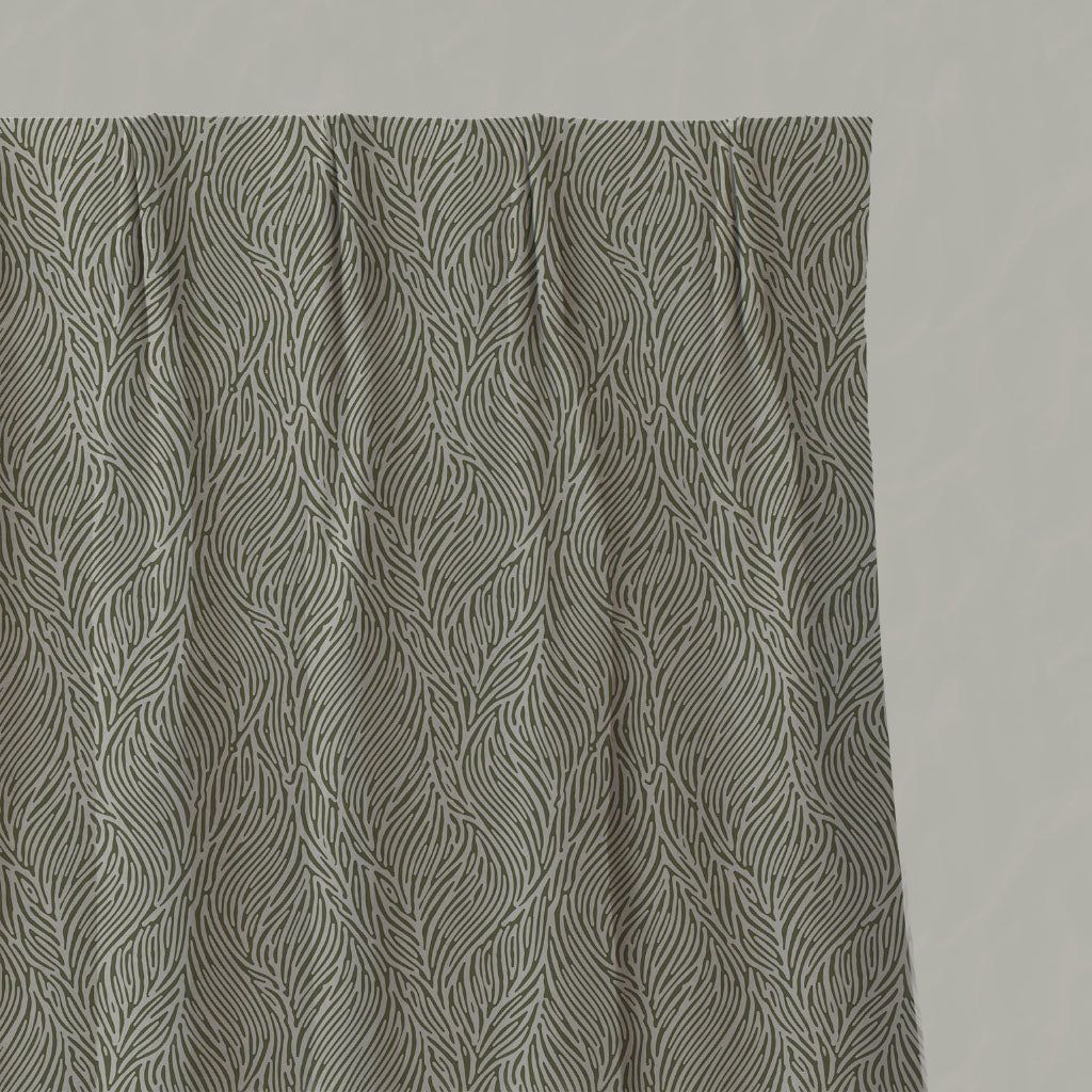Green Botanical Linen Pleated Curtains - Erica Khaki - Natural base fabric.