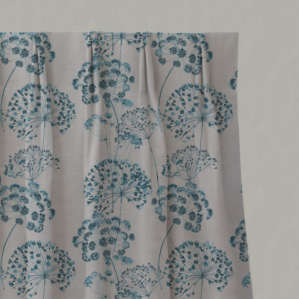 Blue Floral Linen Pleated Curtains - Erleen Nat Blue Stone - Natural base fabric.
