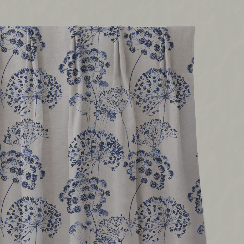 Blue Floral Linen Pleated Curtains - Erleen Nat Deep Blue - Natural base fabric.