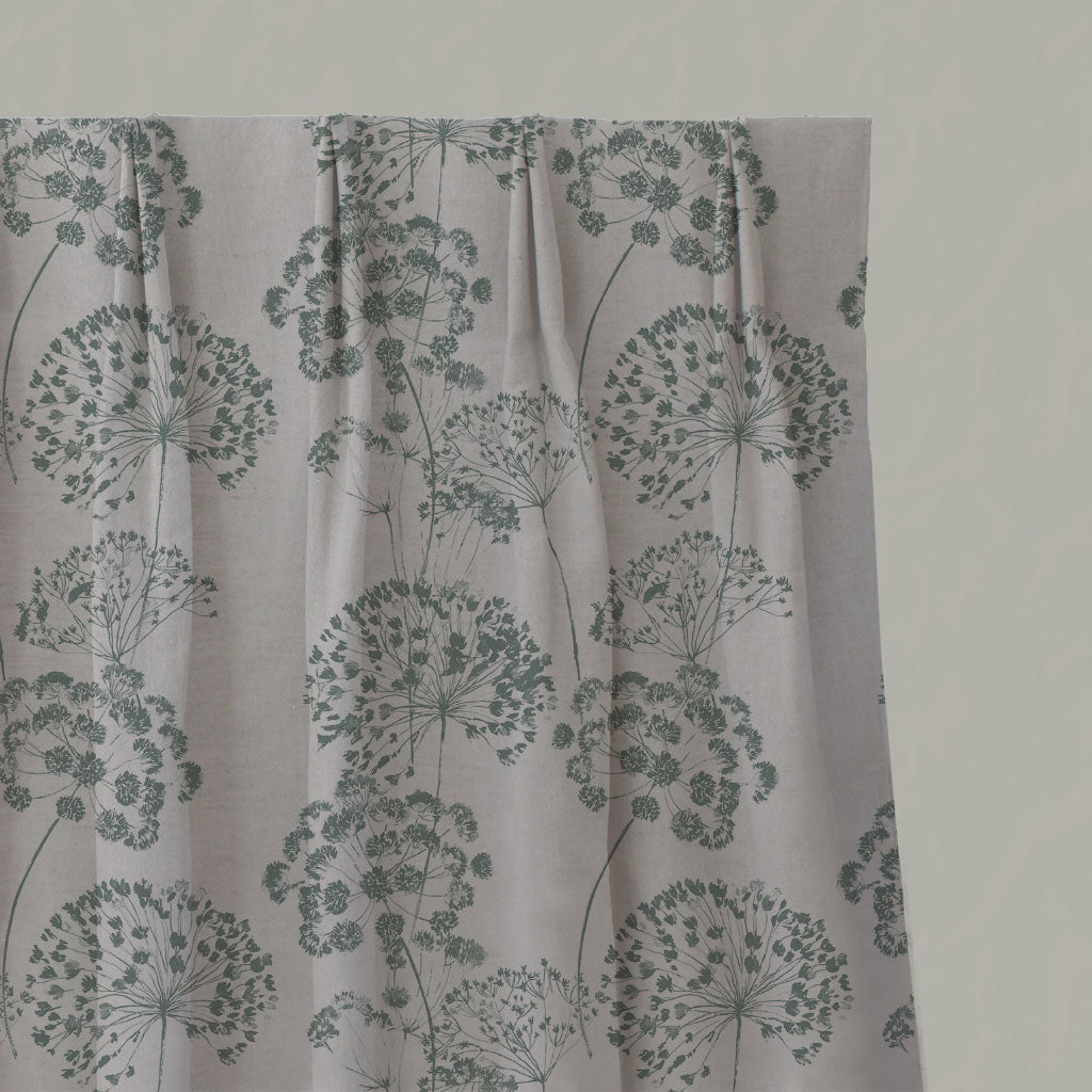 Green Floral Linen Pleated Curtains - Erleen Nat Sage - Natural base fabric.