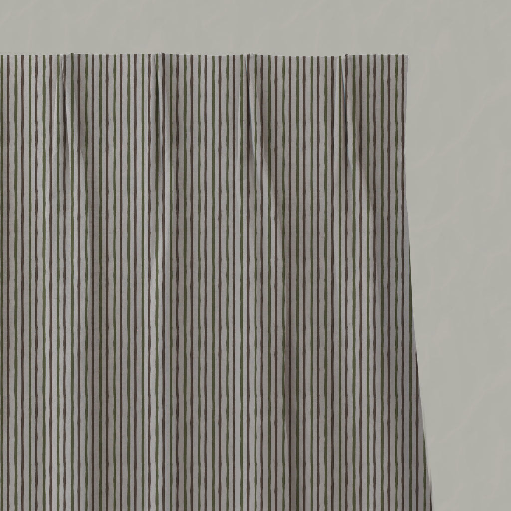 Green / Brown Striped Linen Pleated Curtains - Evelina Khaki - Natural base fabric.