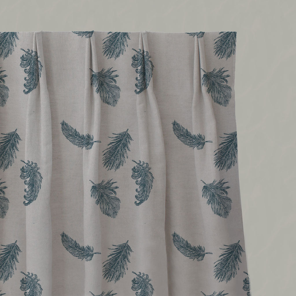 Blue Patterned Linen Pleated Curtains - Feathers Blue Stone - Natural base fabric.