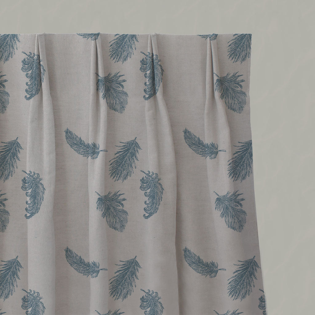 Blue Patterned Linen Pleated Curtains - Feathers True Blue - Natural base fabric.
