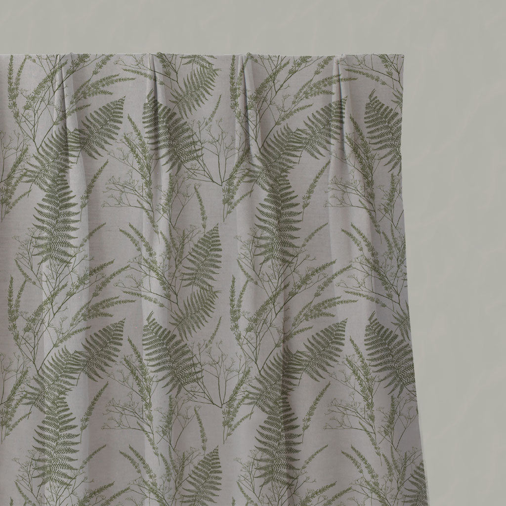 Green Botanical Linen Pleated Curtains - Fernia Khaki - Natural base fabric.