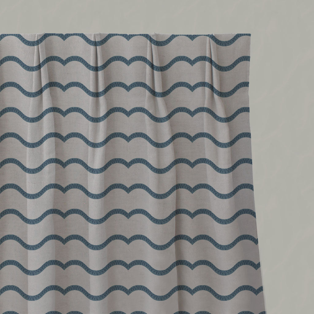 Blue Patterned Linen Pleated Curtains - Fiorella Blue - Natural base fabric.
