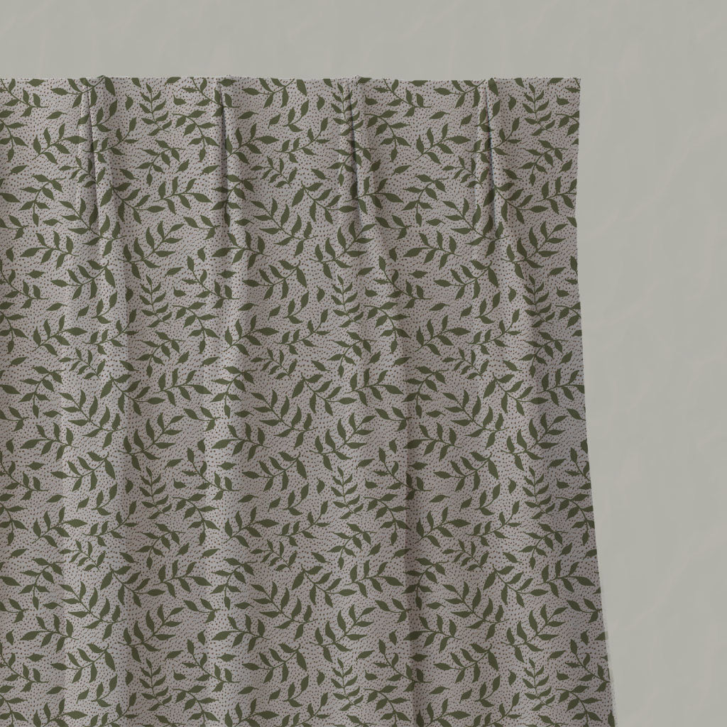 Green Botanical Linen Pleated Curtains - Fita Khaki - Natural base fabric.