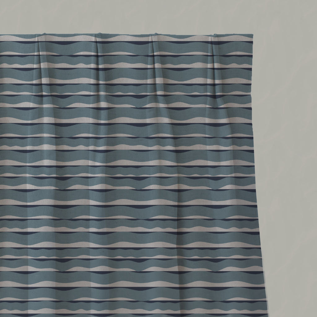 Blue Patterned Linen Pleated Curtains - Fransibella Blue Mist-NAT - Natural base fabric.