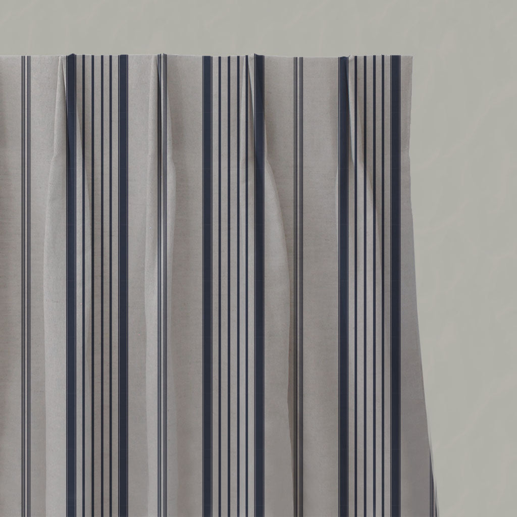 Blue Striped Linen Pleated Curtains - Freja Deep Blue - Natural base fabric.