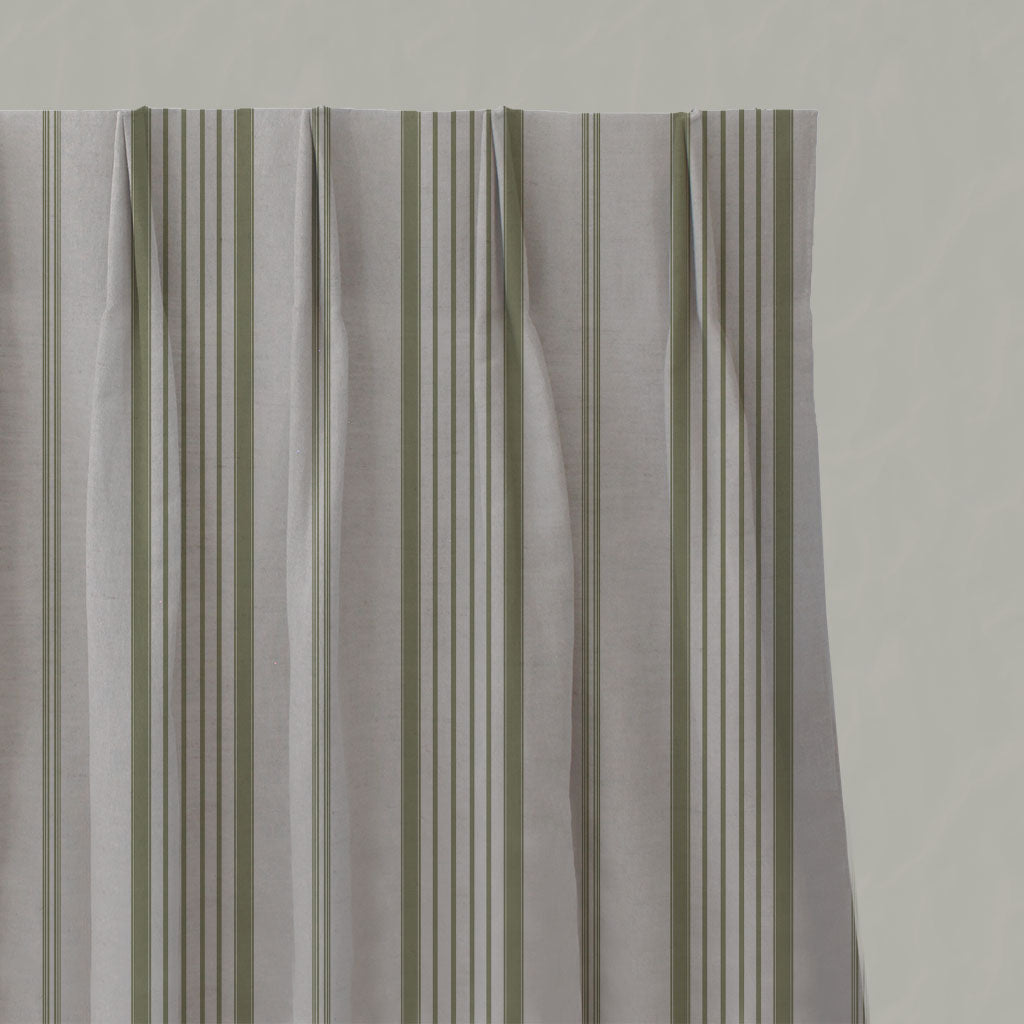 Green Striped Linen Pleated Curtains - Freja Olive - Natural base fabric.