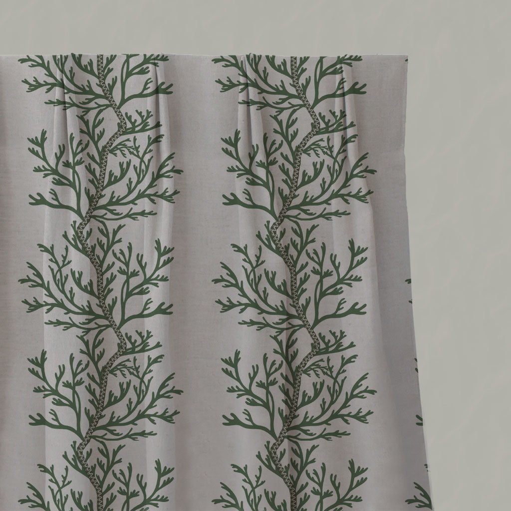 Green Botanical Linen Pleated Curtains - Galilea Green-NAT - Natural base fabric.
