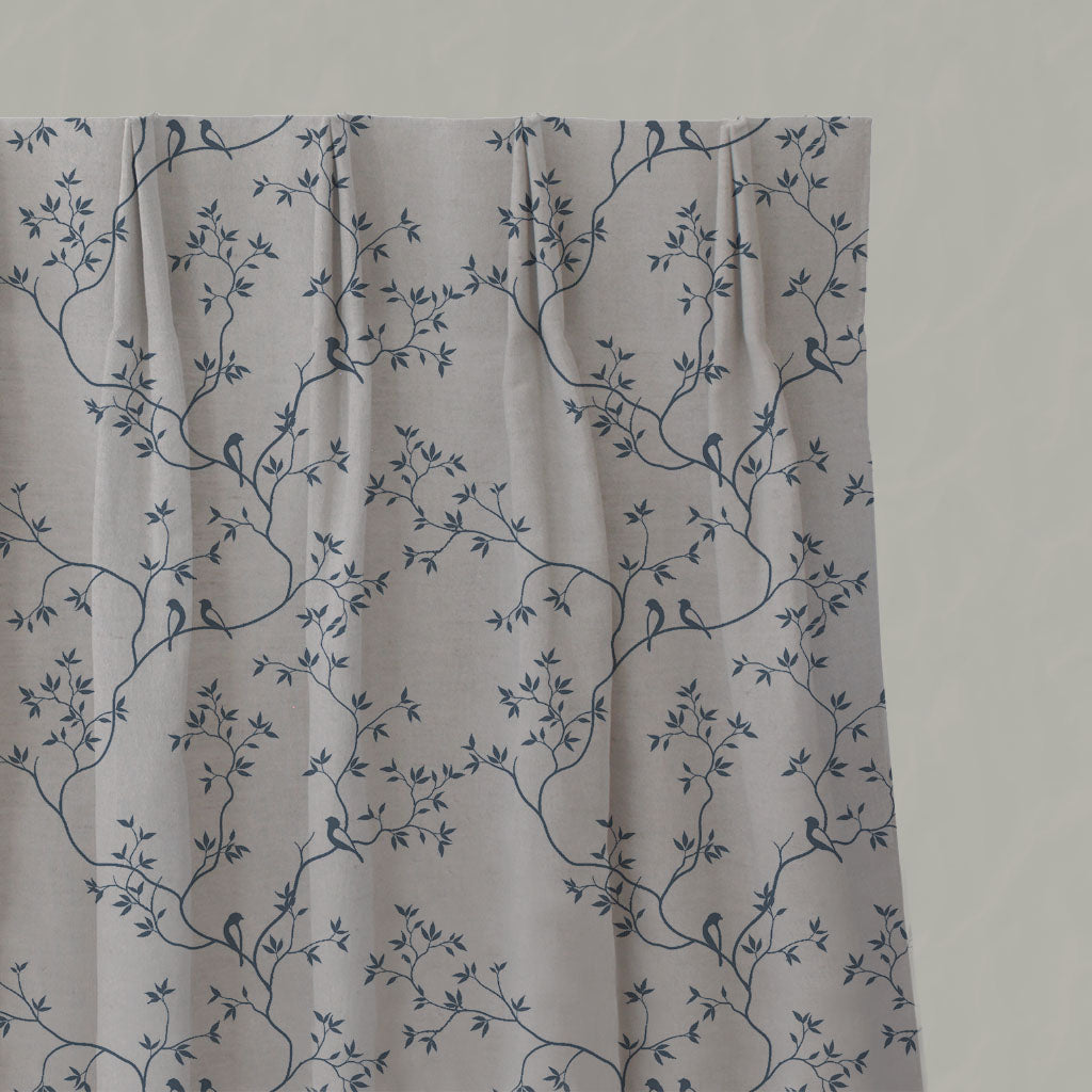 Blue Botanical Linen Pleated Curtains - Goldfinch Denim - Natural base fabric.