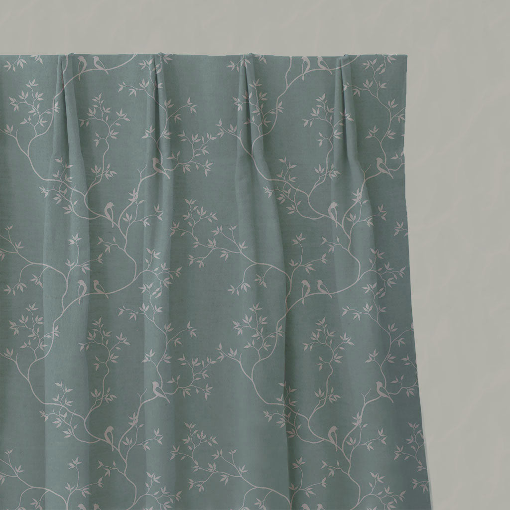 Blue Botanical Linen Pleated Curtains - Goldfinch INV-Duck egg - Natural base fabric.