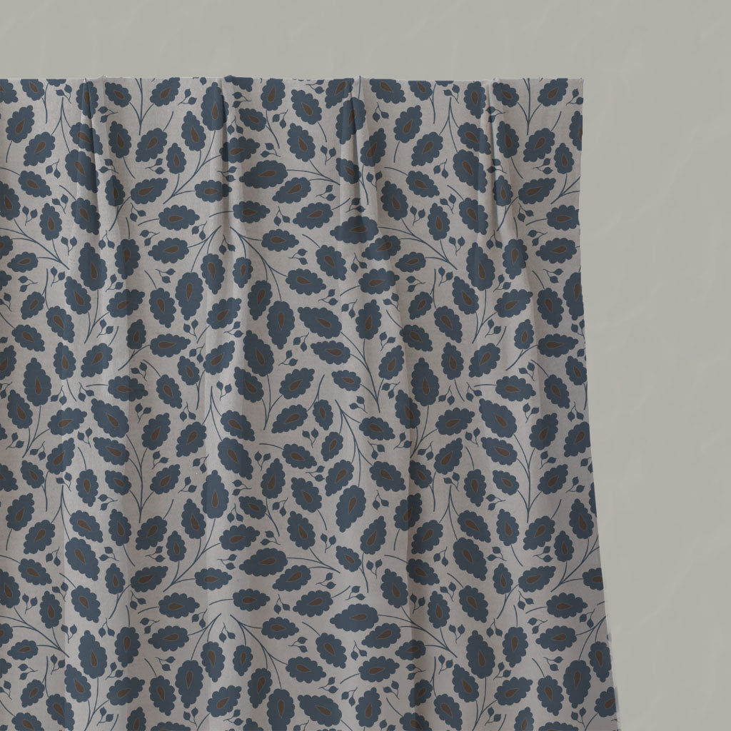 Blue Botanical Linen Pleated Curtains - Goldie Denim - Natural base fabric.