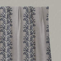 Blue Patterned Linen Pleated Curtains - Hensley Deep Blue - Natural base fabric.