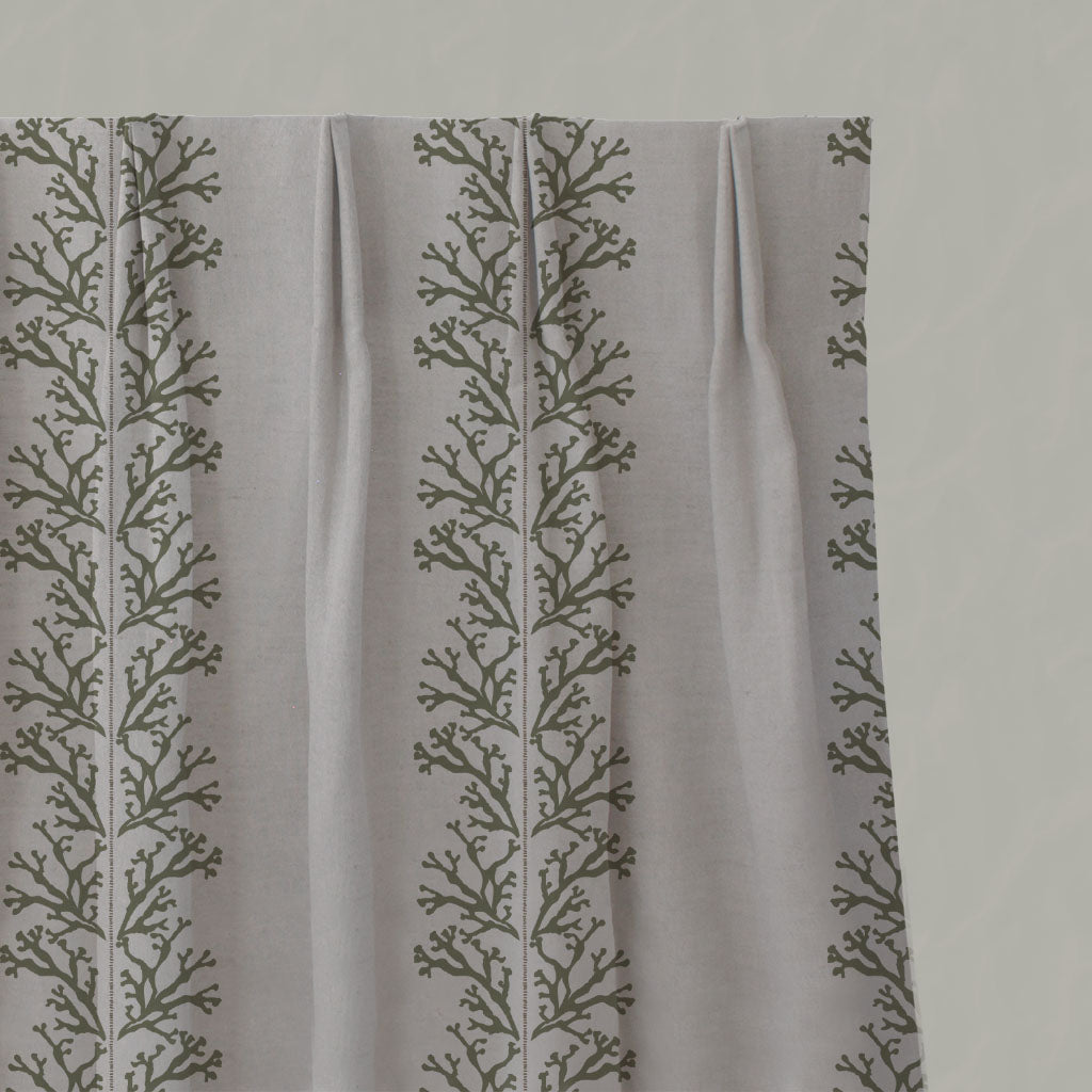 Green Patterned Linen Pleated Curtains - Hensley Moss - Natural base fabric.