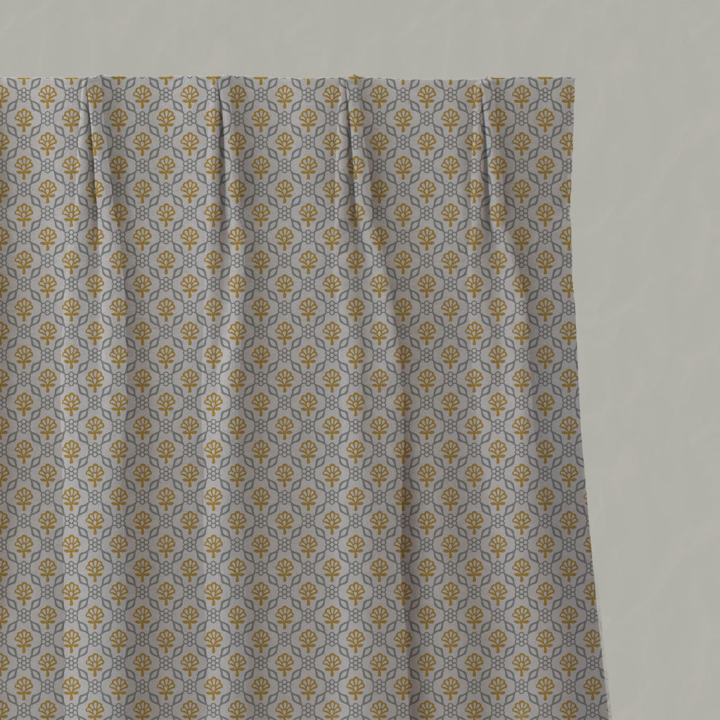 Yellow Floral Linen Pleated Curtains - Hilla Mustard Greige - Natural base fabric.