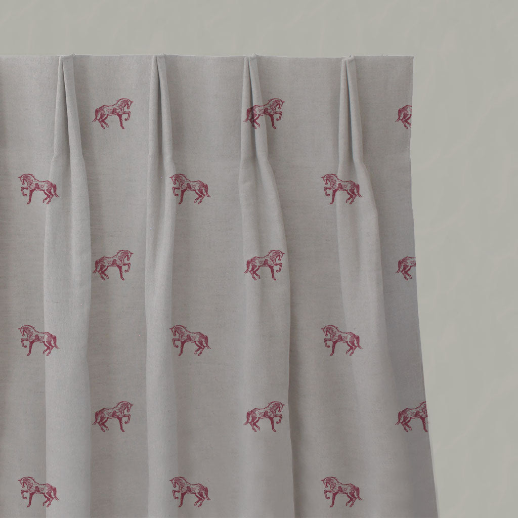 Red Kids Linen Pleated Curtains - Horse Cherry - Natural base fabric.