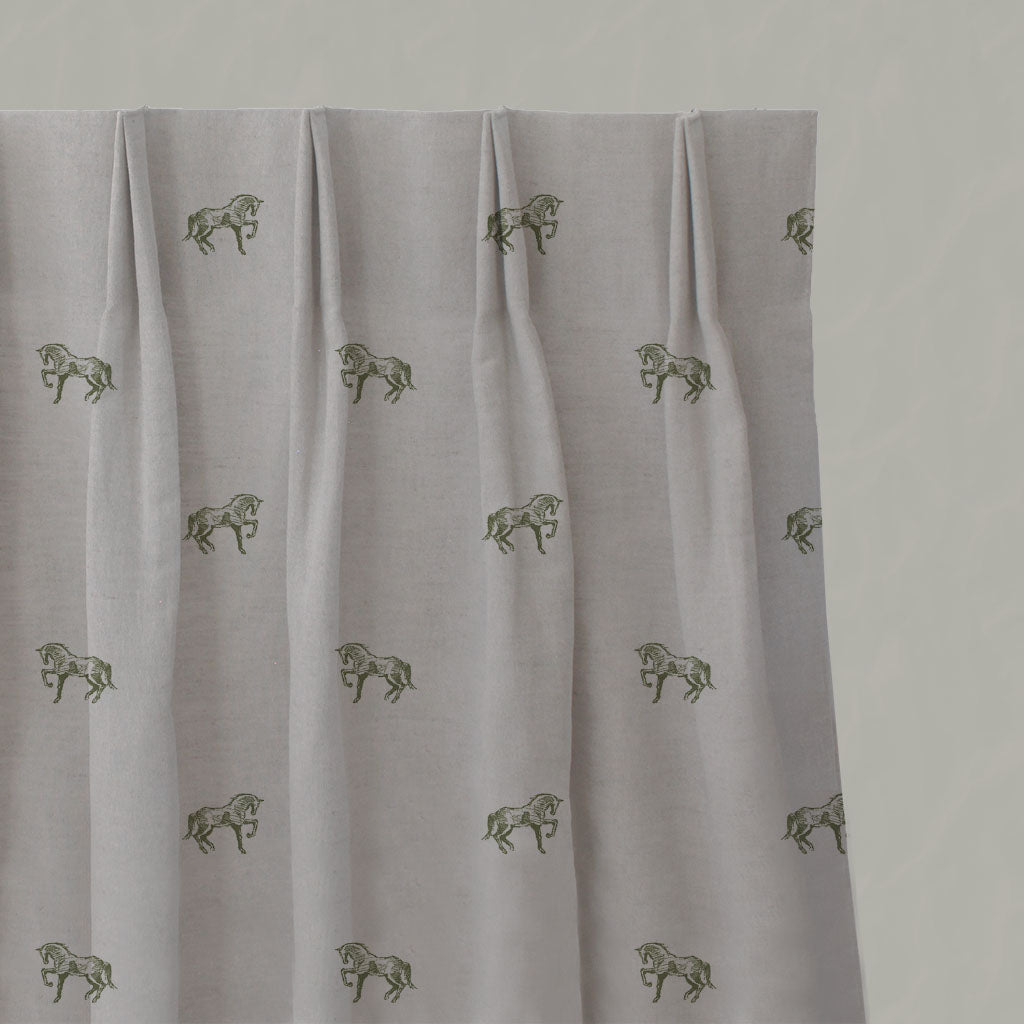 Green Kids Linen Pleated Curtains - Horse Khaki - Natural base fabric.