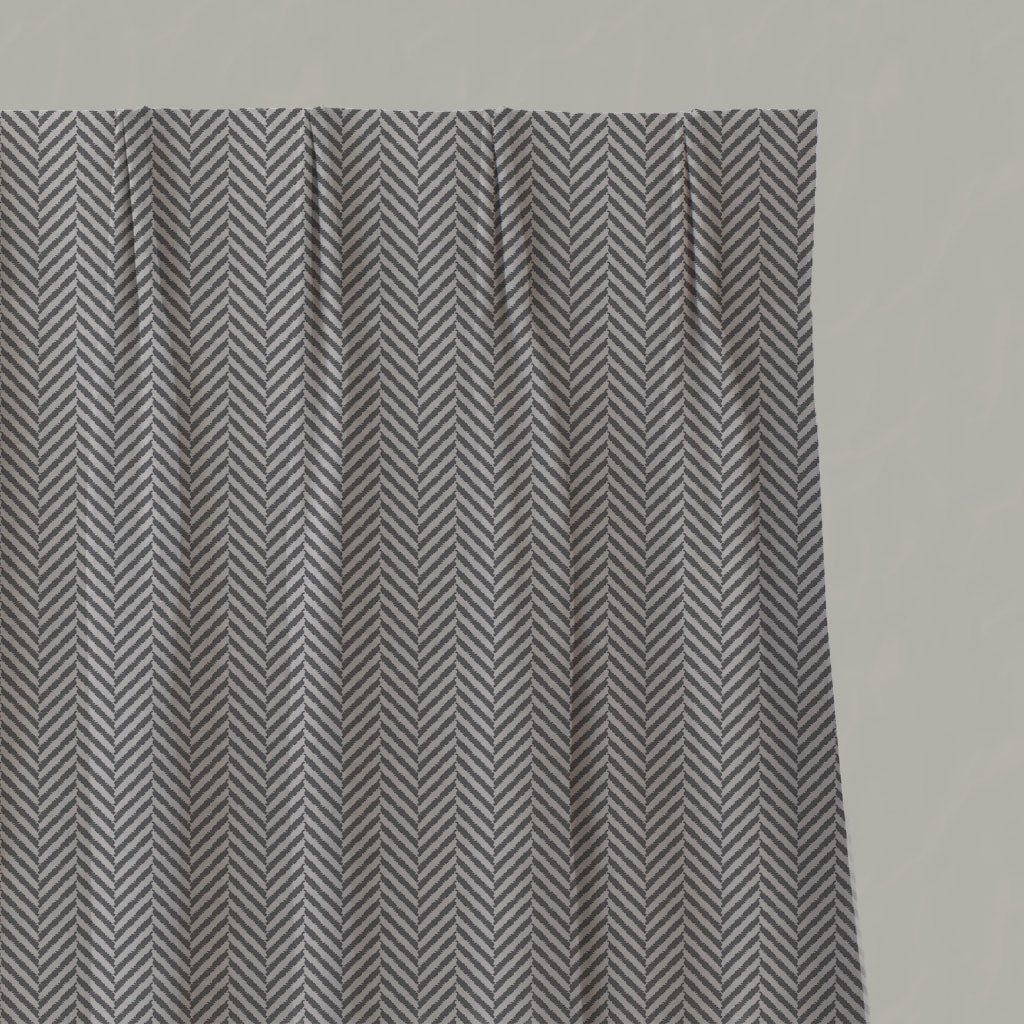 Grey Patterned Linen Pleated Curtains - Hugo Ash - Natural base fabric.