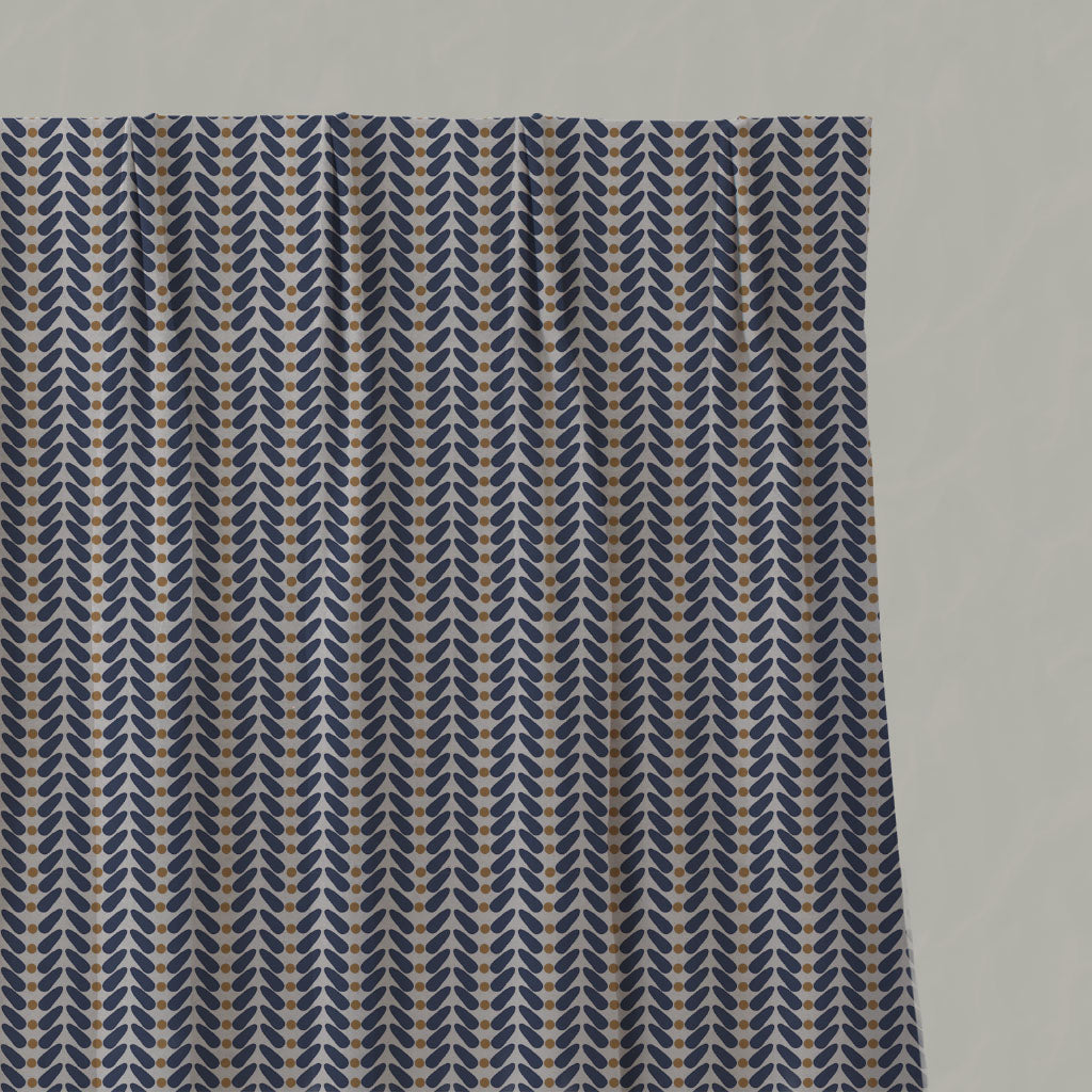 Blue / Orange Patterned Linen Pleated Curtains - Hulda Deep Blue Ochre - Natural base fabric.