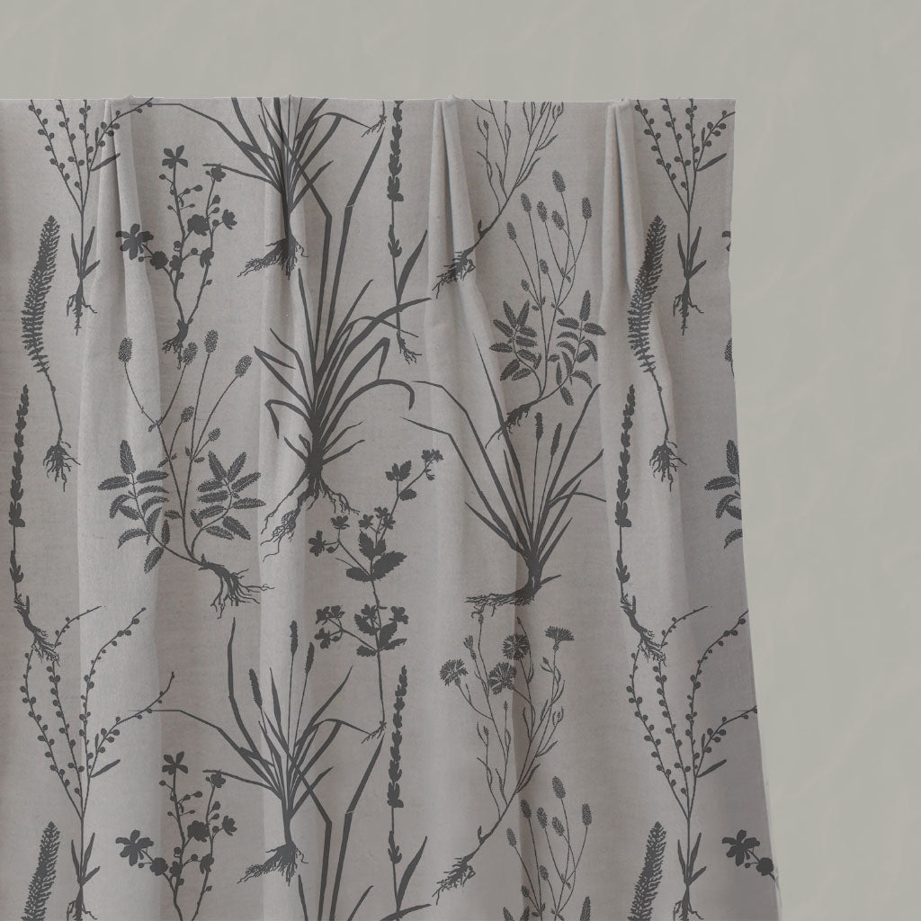 Grey Floral Linen Pleated Curtains - Iida Ash - Natural base fabric.