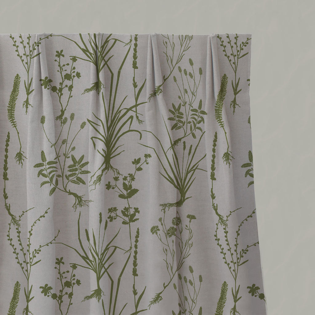 Green Floral Linen Pleated Curtains - Iida Leaf - Natural base fabric.