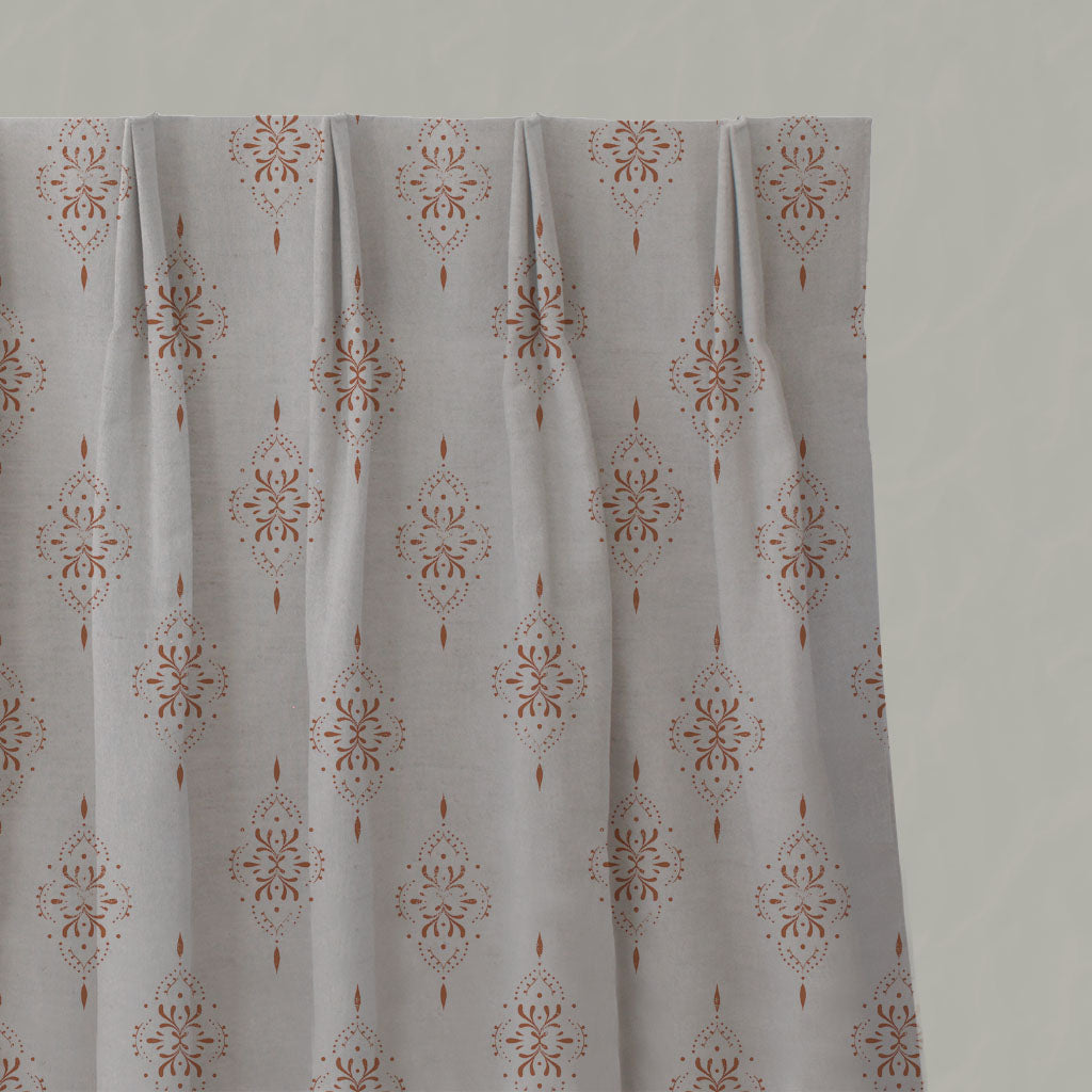 Orange Patterned Linen Pleated Curtains - Iiris Burnt Orange - Natural base fabric.