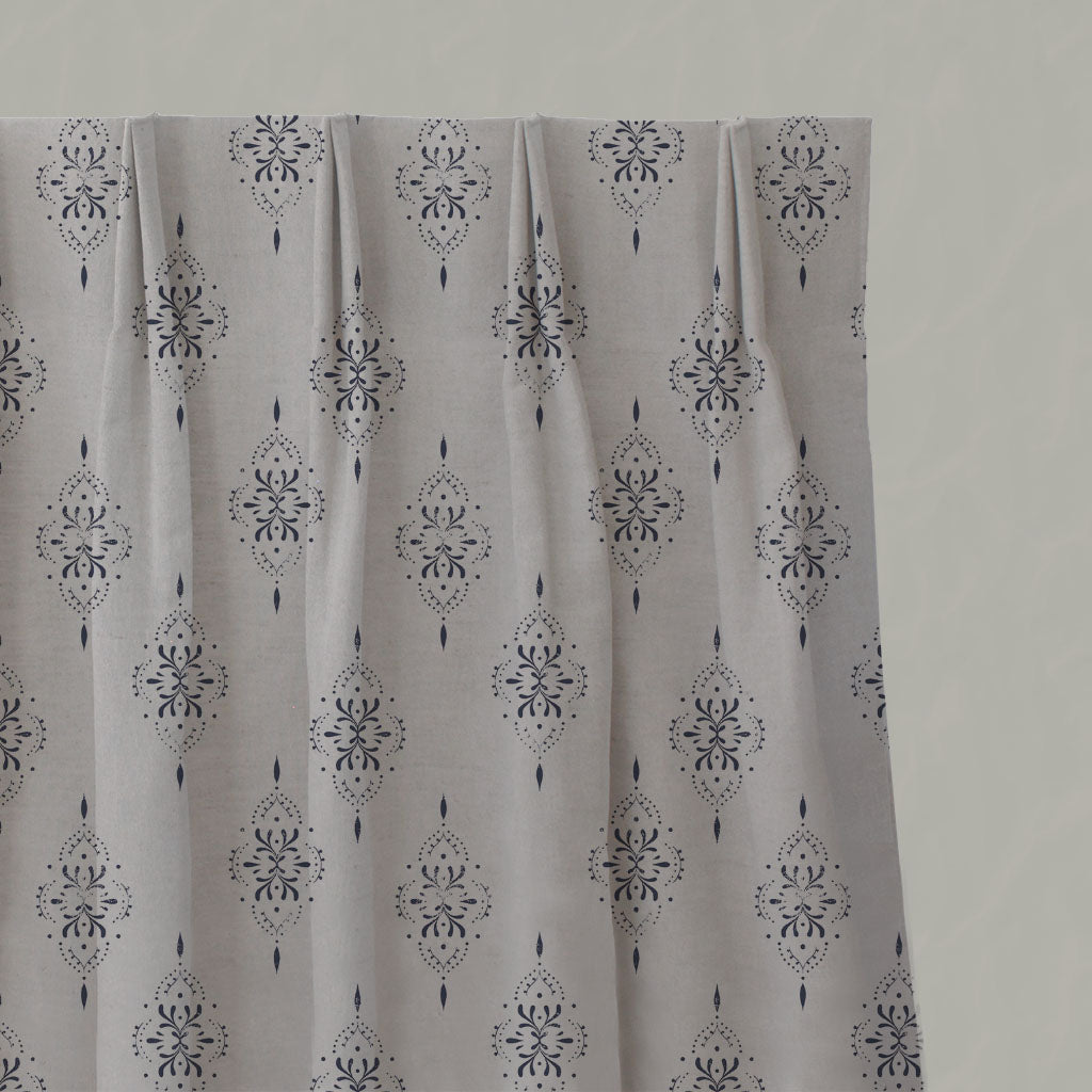 Blue Patterned Linen Pleated Curtains - Iiris Deep Blue - Natural base fabric.