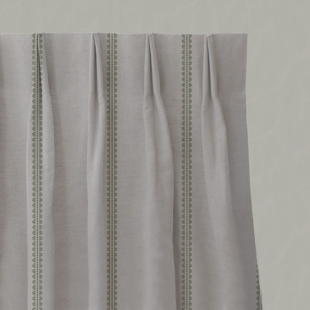 Green Striped Linen Pleated Curtains - Imogen Khaki-NAT - Natural base fabric.