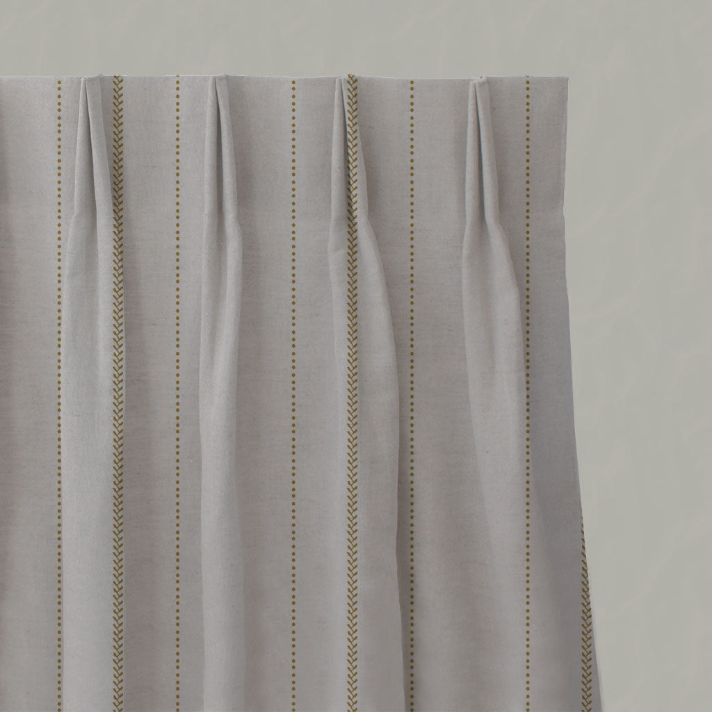 Yellow Striped Linen Pleated Curtains - Inari Gold Rod - Natural base fabric.
