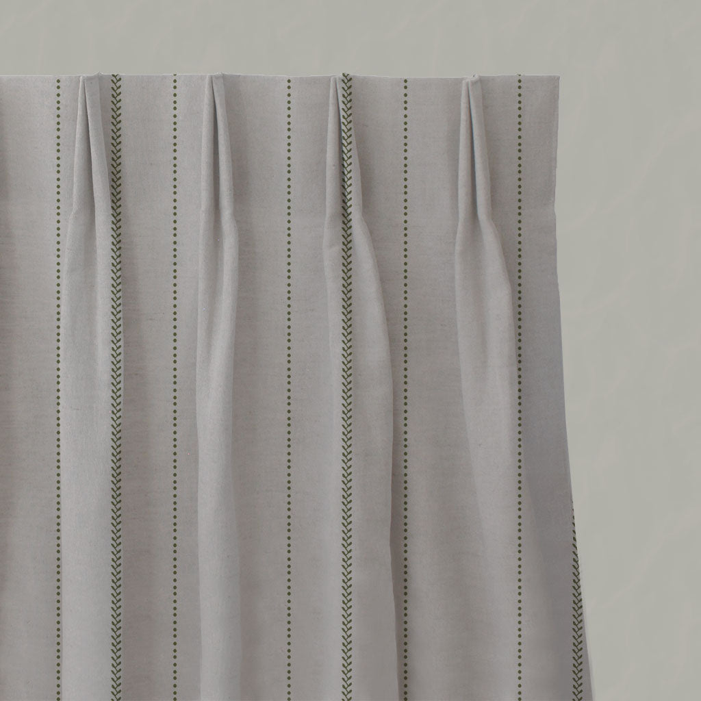 Green Striped Linen Pleated Curtains - Inari Khaki - Natural base fabric.