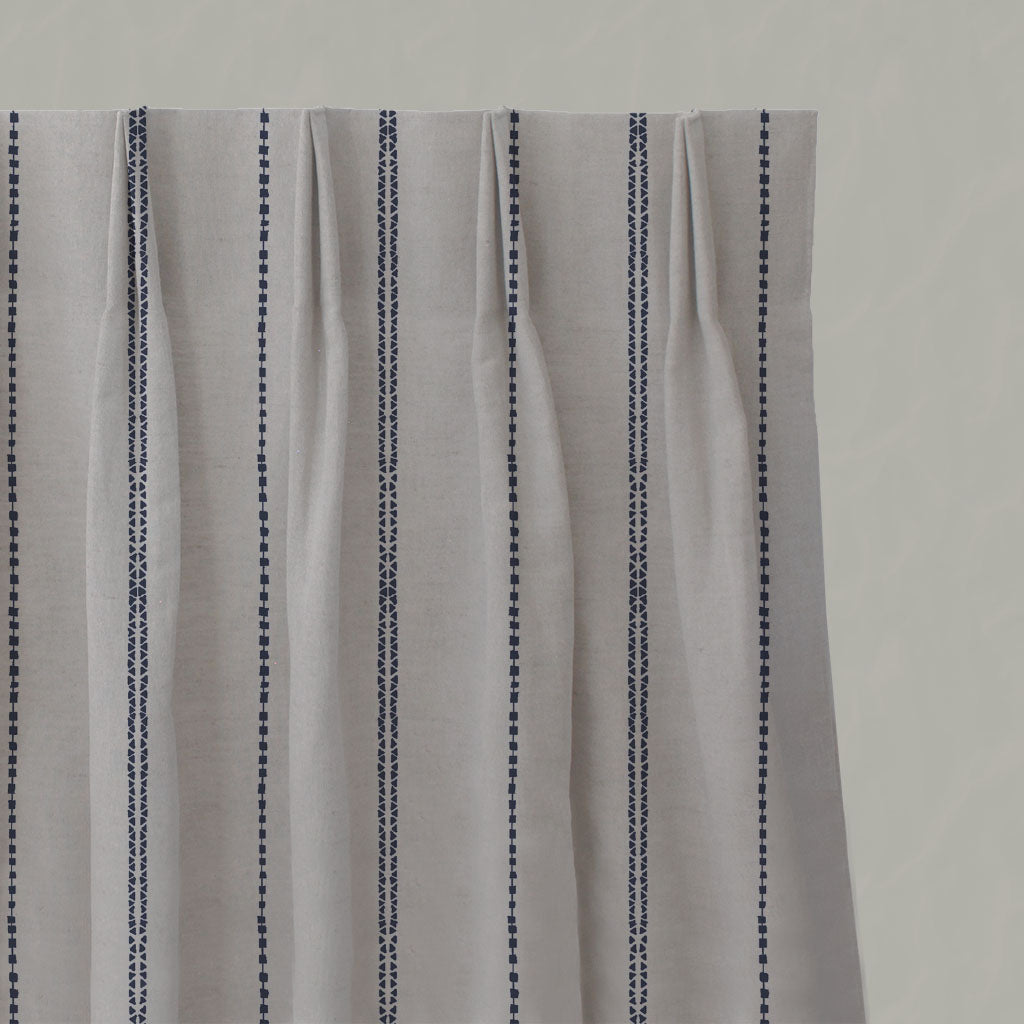 Blue Striped Linen Pleated Curtains - Inga-NAT Deep Blue - Natural base fabric.