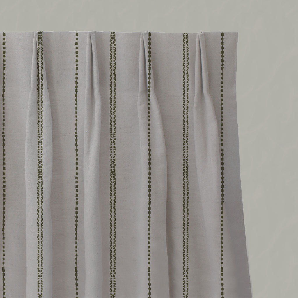 Green Striped Linen Pleated Curtains - Inga-NAT Sea Weed - Natural base fabric.
