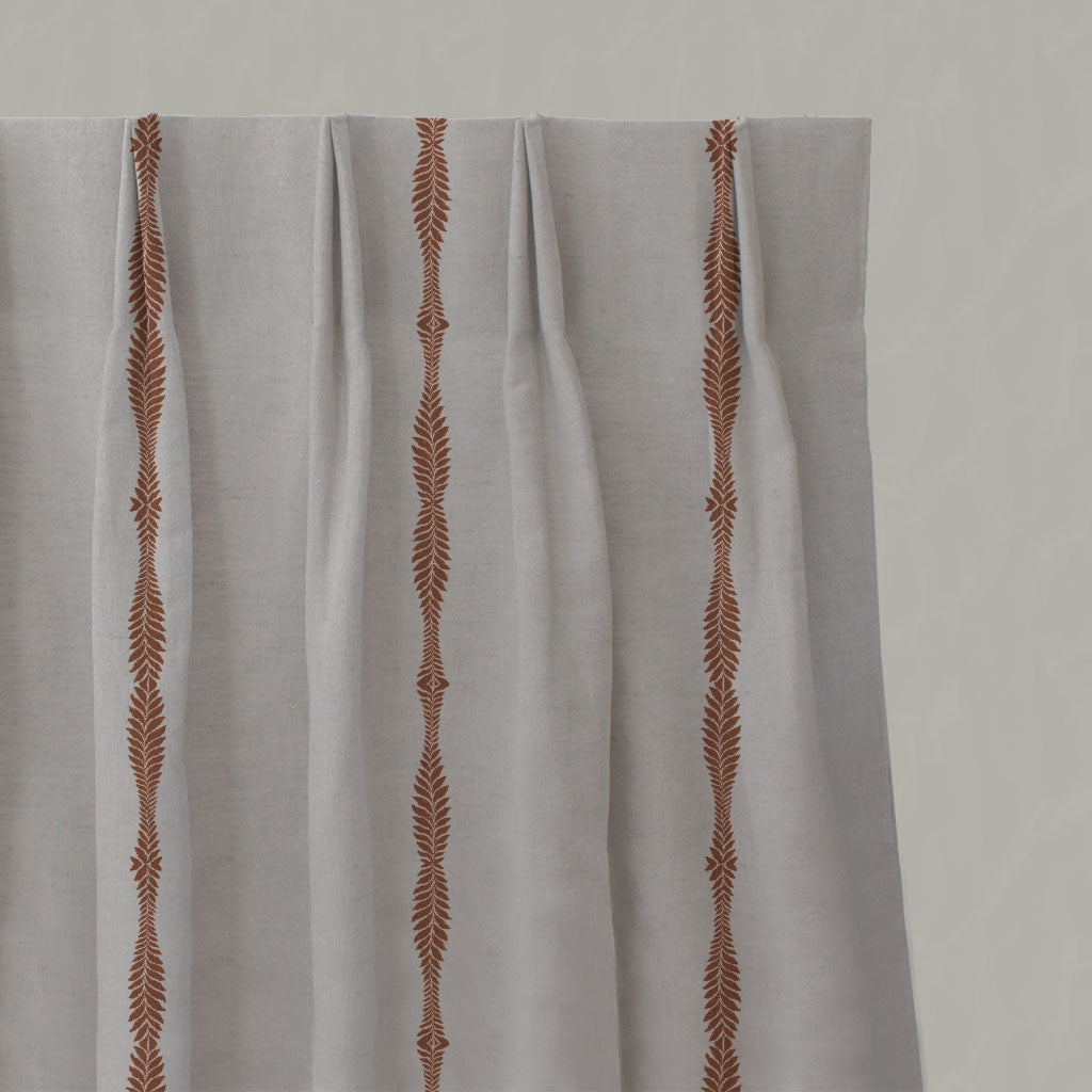 Red / Orange Patterned Linen Pleated Curtains - Irina Terracotta - Natural base fabric.