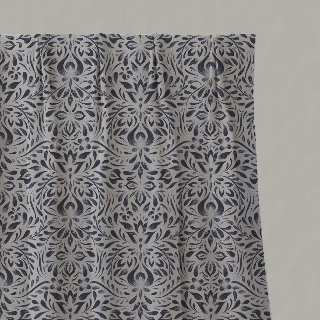 Blue Floral Linen Pleated Curtains - Jasmi Deep Blue - Natural base fabric.