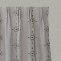 Green Patterned Linen Pleated Curtains - Kaisley Khaki - Natural base fabric.