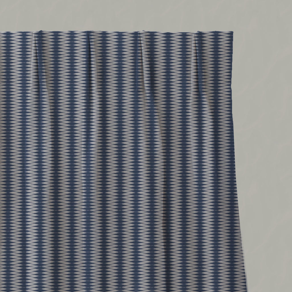 Blue Patterned Linen Pleated Curtains - Ksenia Night Blue - Natural base fabric.